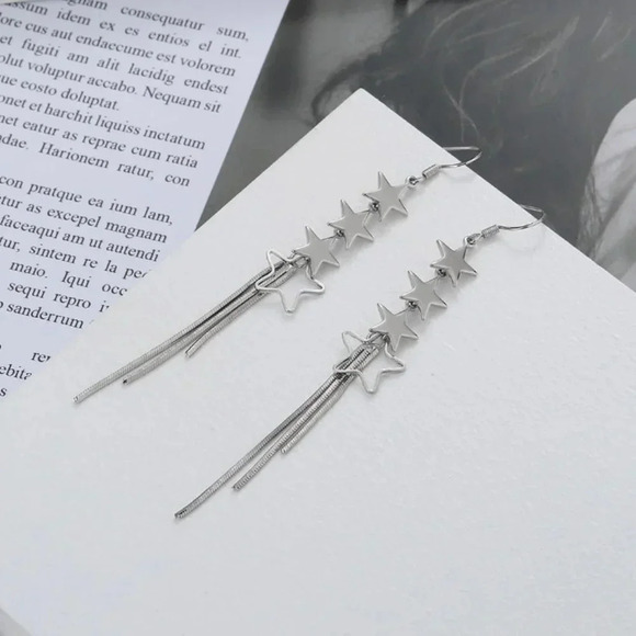 925 Sterling Silver Dangle Star Earrings Dangle Drop Tassel Long Earrings - Picture 4 of 5